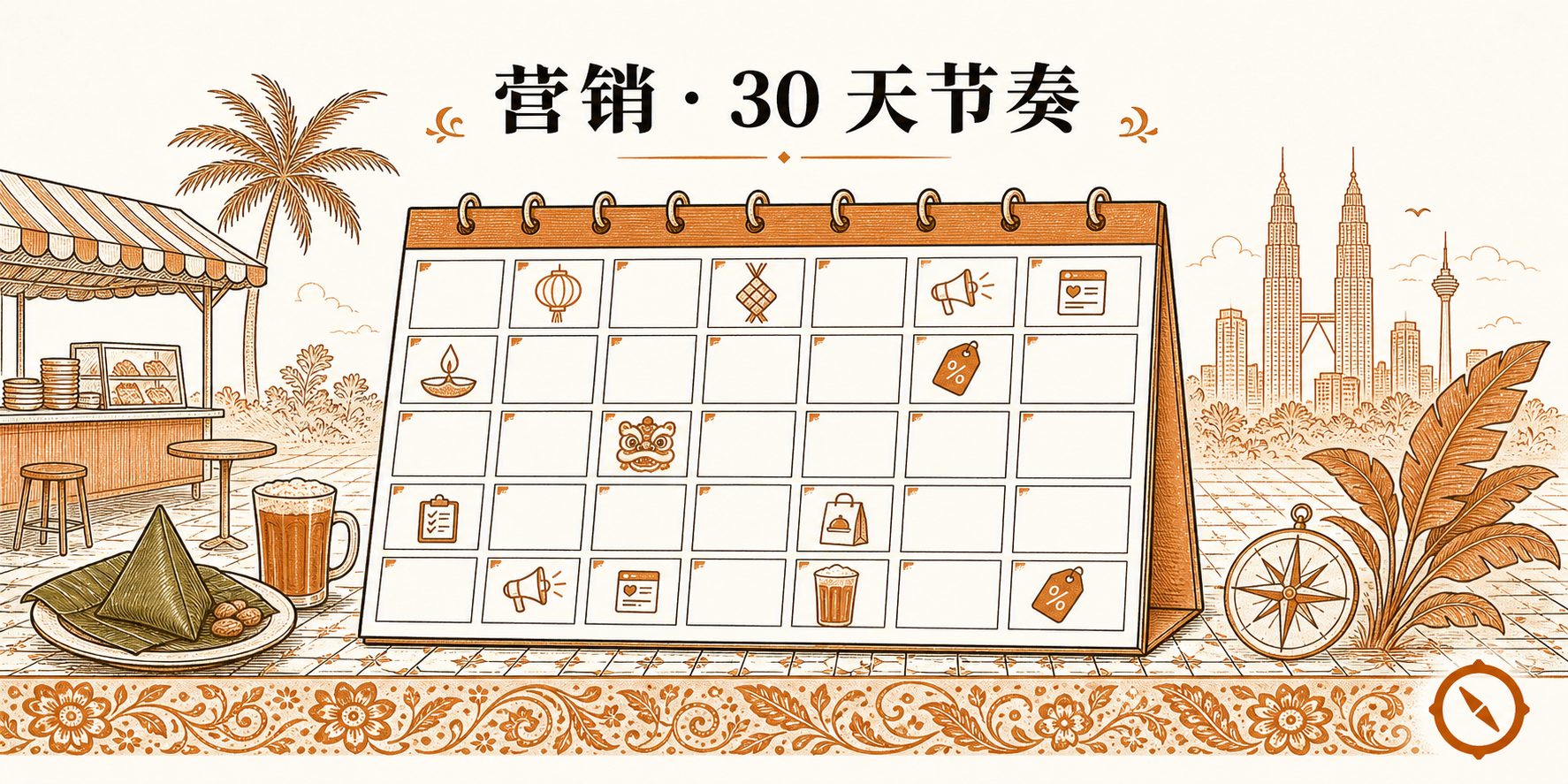 30 天小预算营销日历 H2 节小 hero · 立体桌面台历 30 个方格编号与节庆图标包括灯笼与狮头与圣诞树与广播扬声器与价签 + 双子塔与电视塔本地视觉锚 + 椰树与香蕉叶植物 + 中文标题营销 30 天节奏 + 高脚椅餐厅与凉茶 · 体现 30 天每天 1 动作 30 分钟内 RM500 预算上限分 4 周节奏铺基础内容产出转化复盘的小预算月度营销闭环 · 暖橙手绘 sepia 风